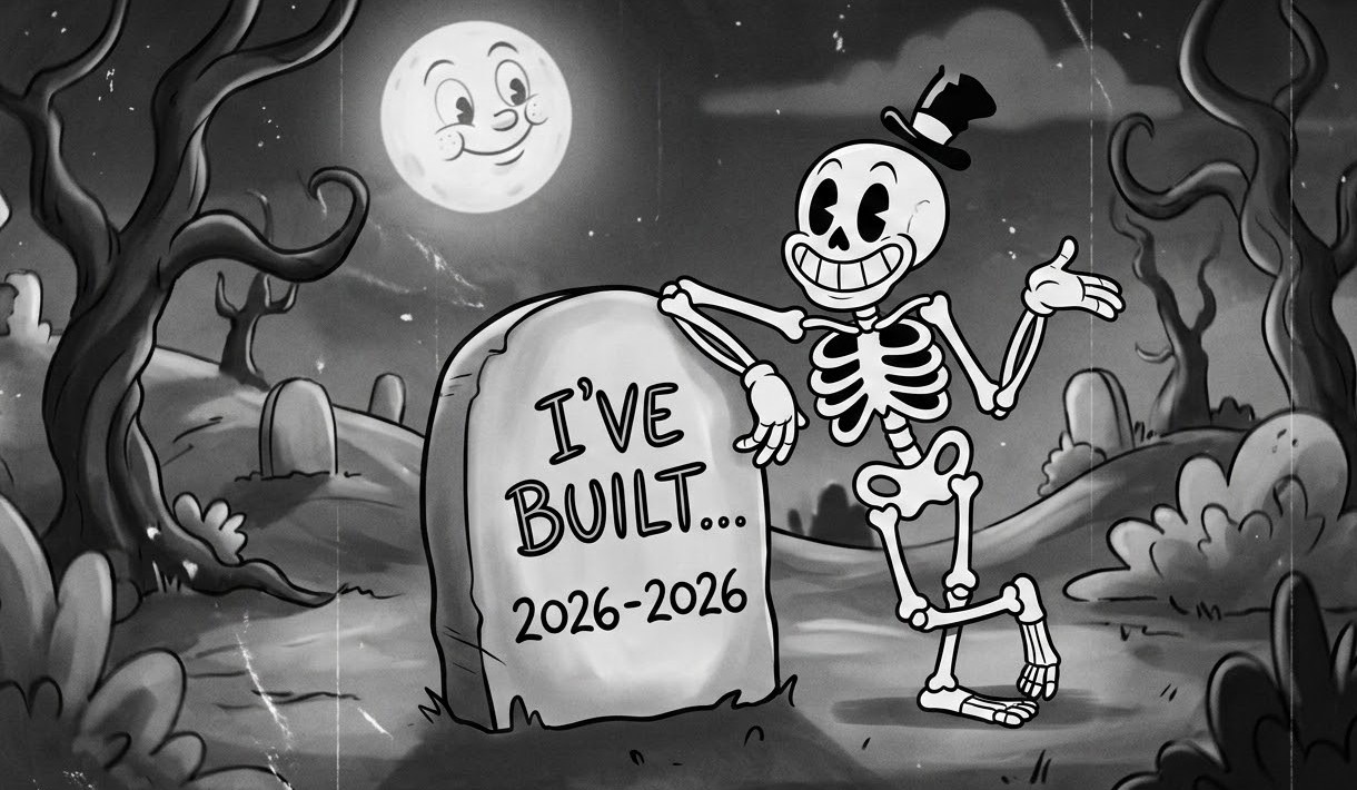I've built... 2026-2026 — skeleton presenting a tombstone